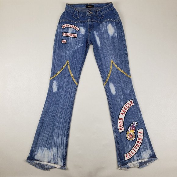 JNCO Pants - Rare Vintage JNCO Flare Jeans Womens 7 Y2K California Road Angel Patch Embroider